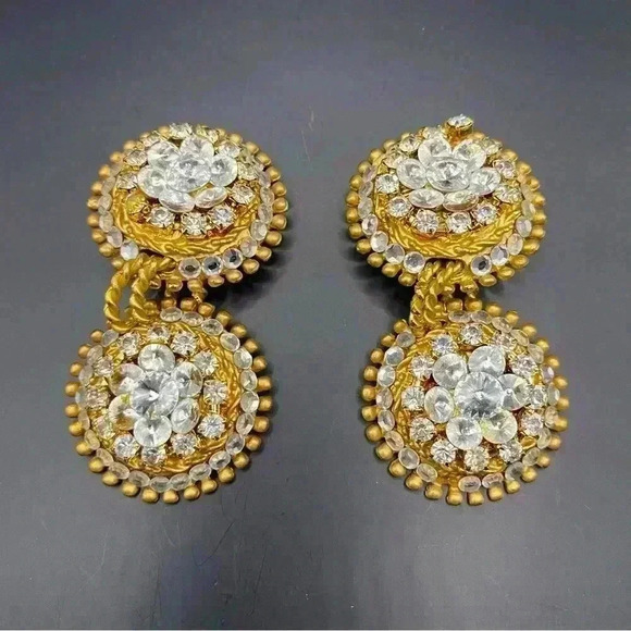 VGT Gold Tone Crystal White Gemstone Round Dangle Statement Earrings - Picture 1 of 7